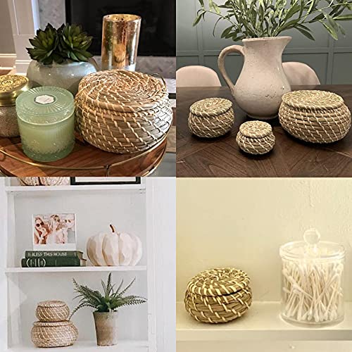 Dicunoy Set Of 3 Small Wicker Basket With Lid, Round Woven Seagrass Baskets, Little Handmade Rattan Storage Basket Box For Shelf, Home, Bathroom Decor #TOP5