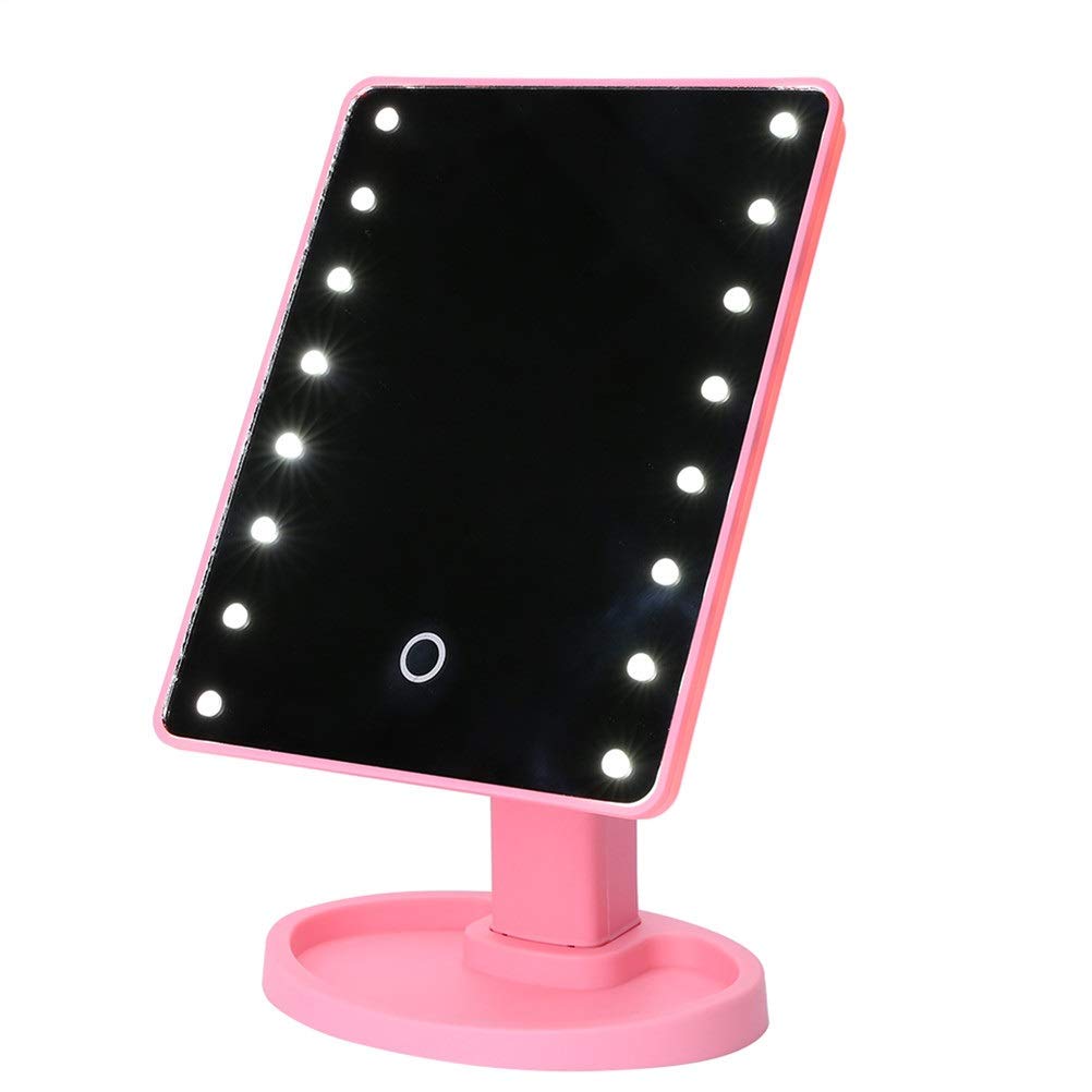 FLYIODFCXV Cosmetic mirror, Makeup Mirror With 16 LEDs Cosmetic With Touch Dimmer Switch Battery Operated Vanity With Stand For Tabletop(Pink)