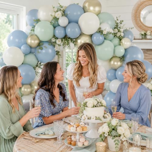 Image of Dusty Blue Green Balloons, Slate Fog Blue Dusty Green Ivory Balloons with Metallic Light Gold Balloon for Women Men Boho Jungle Safari Birthday Bridal Baby Shower Wedding Engagement Party Decorations