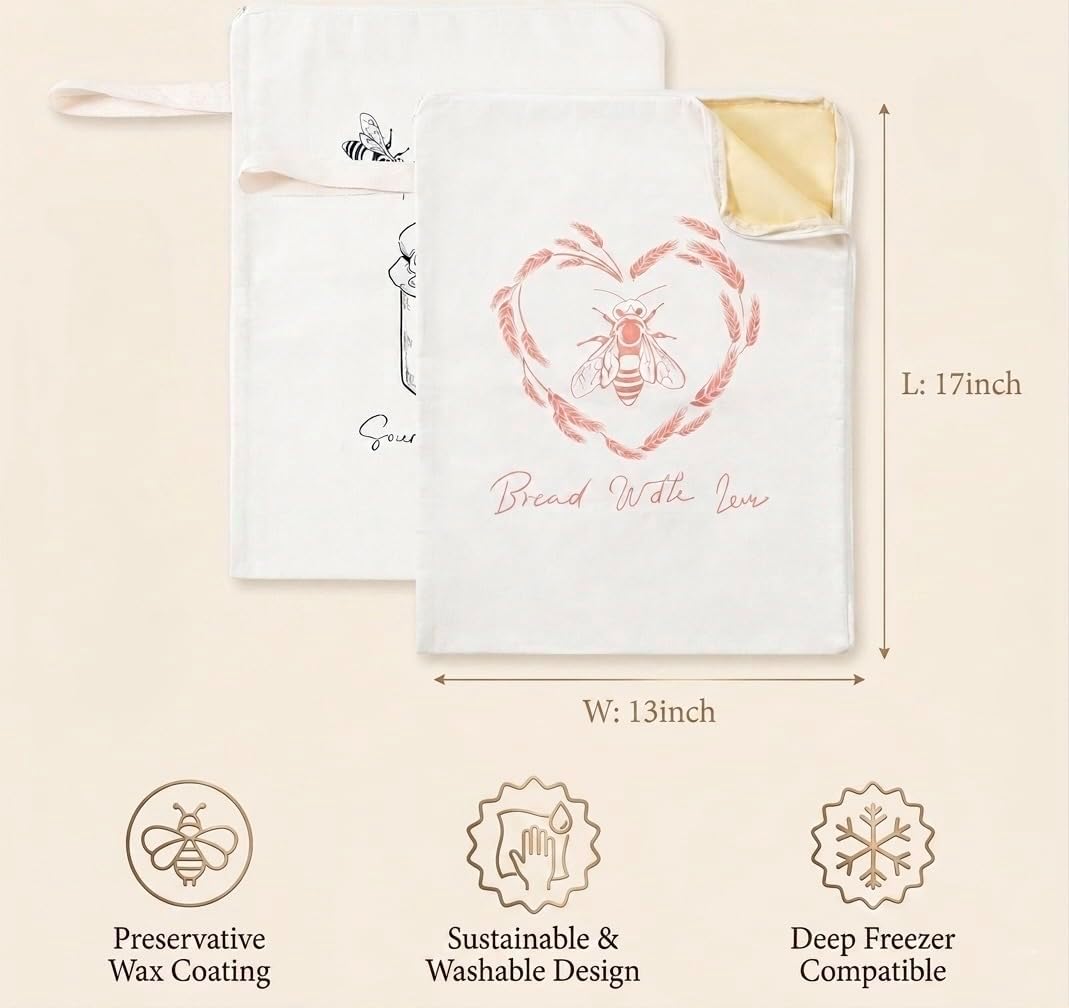 Beeswax Bread Bags for Homemade Bread — 2 Pack XL 17x13 Reusable Sourdough Bread Bag, Linen Cotton Bread Storage Bags for Countertop & Freezer, Keeps Loaves Fresh 3-5 Days, by KITA Home