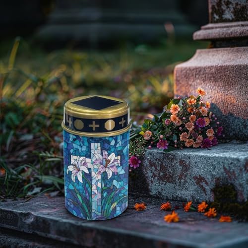Image of Cemetery Solar Lights for Grave, Cross Lily Pattern Outdoor Decor, Outdoor Garden Waterproof Path Lights for Night Outside
