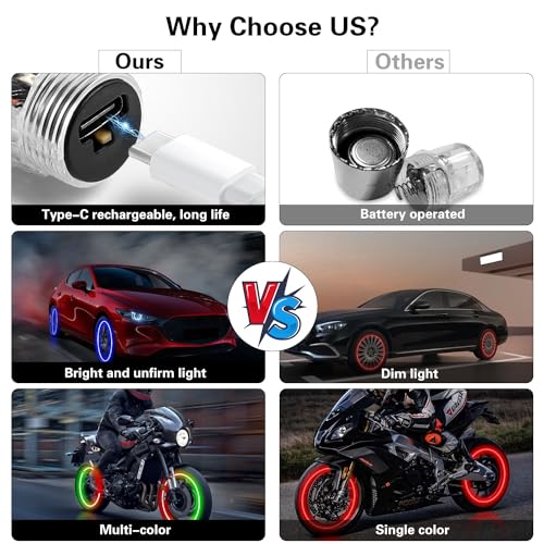 QVEVDACAR 4Pcs Tire Valve Cap Lights, Glow in The Dark LED Tire Valve Lights Waterproof Rechargeable Wheel Flashing Lamp for Car Bike Motorcycle Accessories - Image 6