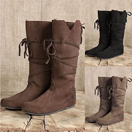 ZHFF PU Leder Stiefel - Low Heel Mid Tube Ritter - Renaissance Mittelalter Cosplay für Karneval Party, Braun, 43
