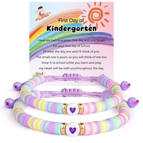 Image of First Day of School Mommy and Me Matching Bracelet Set kindergarden Pre-K Back to School Gifts Adjustable Heart Clay Bead Jewelry for Mother Daughter Dad Son
