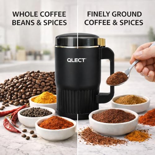 Image of QLECT Electric Coffee Grinder & Spice Grinder, Plug-in Stainless Steel Blade Grinder with Lid, Multi-Purpose Grinder for Coffee Beans, Spices & Herbs, Black