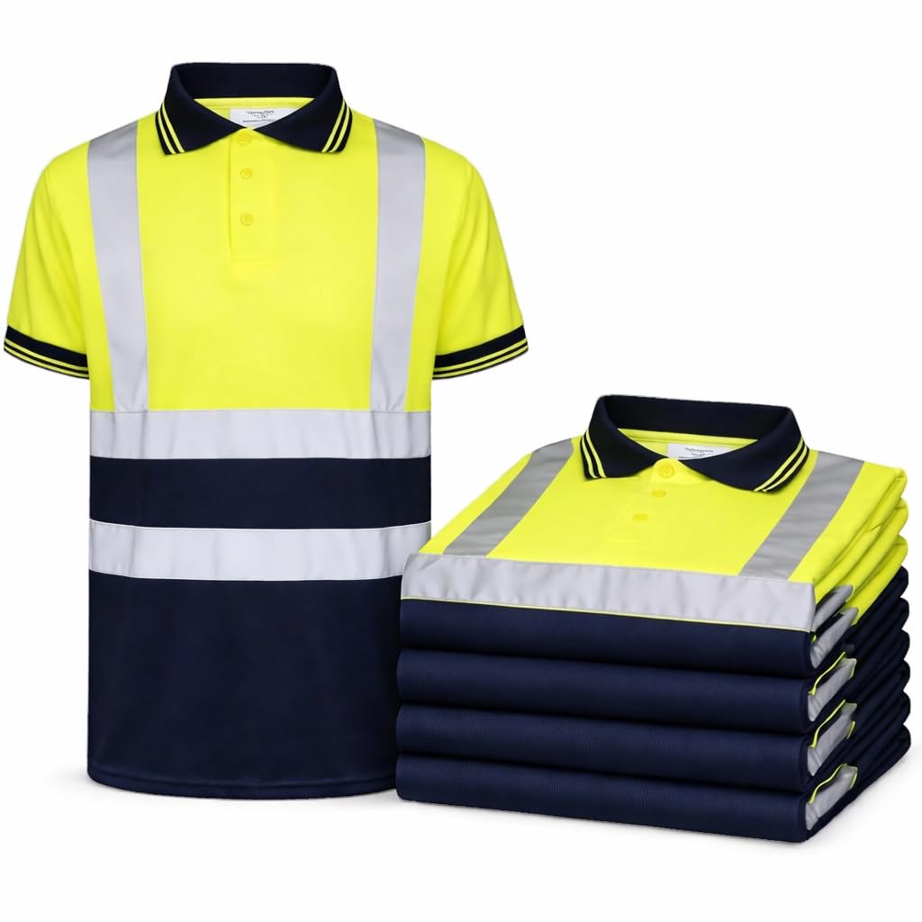 Hi Vis Polo Shirts Pack of 5 High Visibility Workwear Safety Polo T-Shirts for Men Orange, Yellow, (UK, Alpha, XXL, Regular, Regular, Yellow Navy)