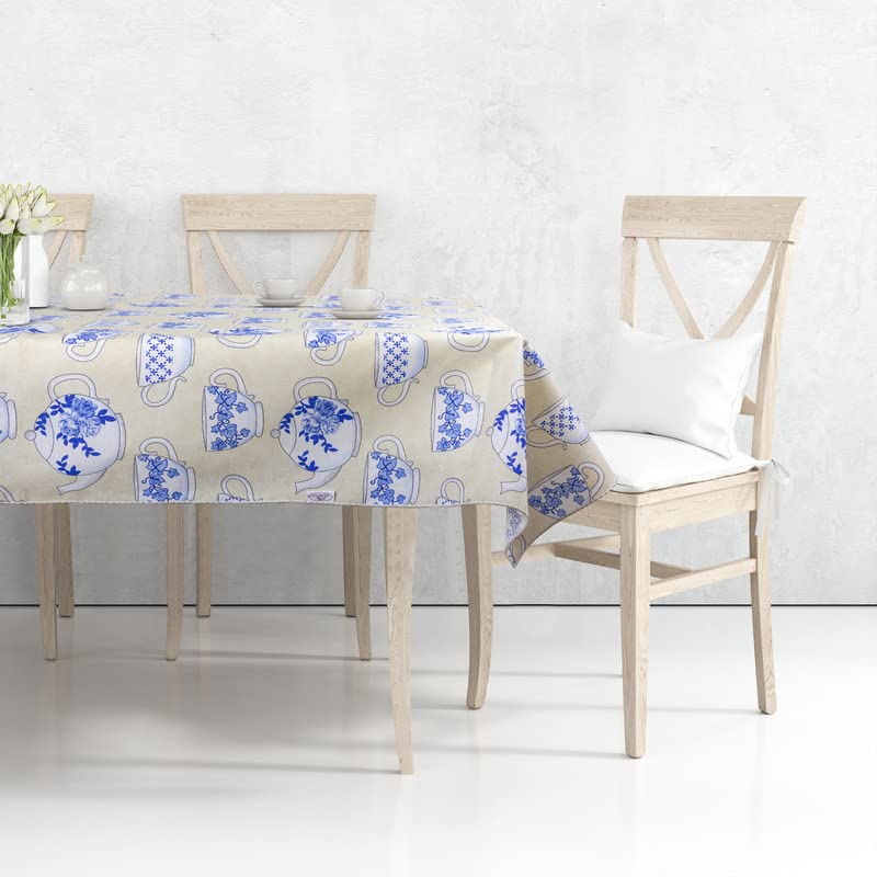 Giuri Tessuti - Tovaglia impermeabile in tela di cotone cerato - Lavabile - Bordata - Antimacchia - Made in Italy (360x140cm, Tazze Blu)