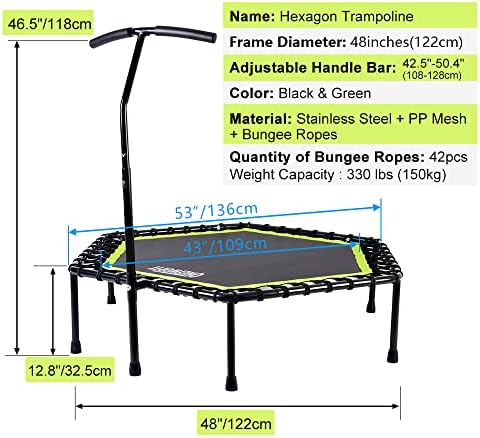 ONETWOFIT 48" Silent Mini Trampoline with Adjustable Handle Bar Fitness Trampoline Bungee Rebounder Jumping Cardio Trainer Workout for Adults or Kids 2 51bQBIVQPCL. AC