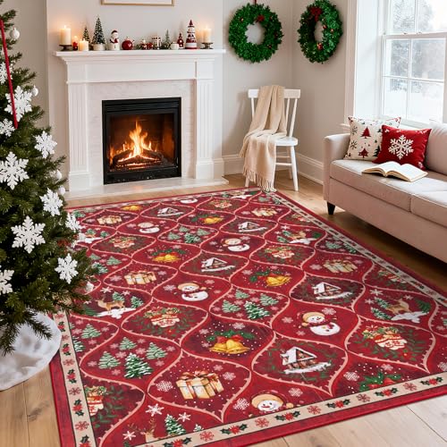 Enyhom Christmas Rugs for Living Room 120 x 180 cm Snowman Elk Rug Machine Washable Non Slip Area Rug Soft Short Pile Floor Carpet for Bedroom Dining Room Office Red