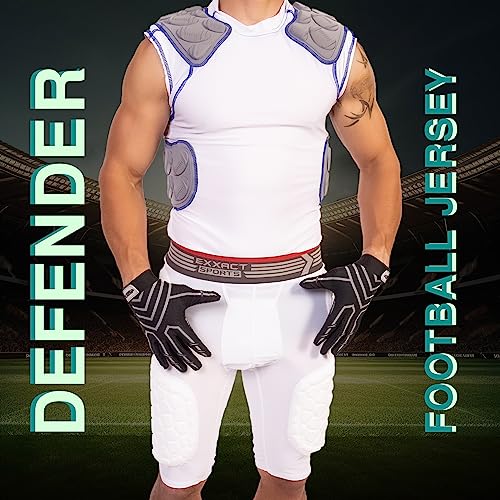 Exxact Sports Defender Adult Padded Football Shirt - Football Rib Protector with Shoulder & Spine Football Pads, 5-Pad Football Compression Shirt (White, Adult X-Large)
