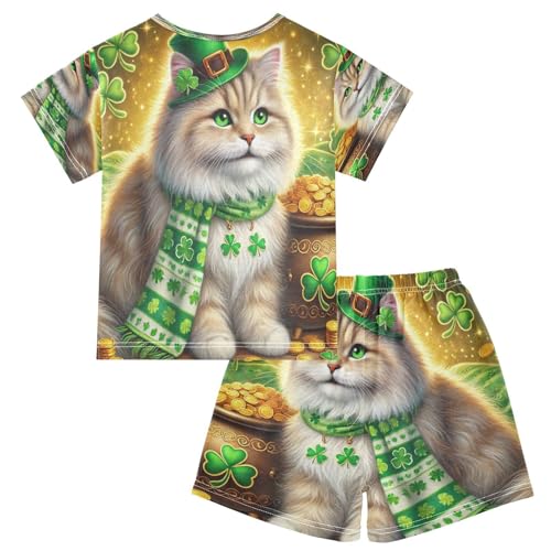 Cat St Patricks Gold Coins Pajama Set Short Sleeve Pajamas Shorts Sets Cotton Soft Loungewear Sleepwear 5Y2