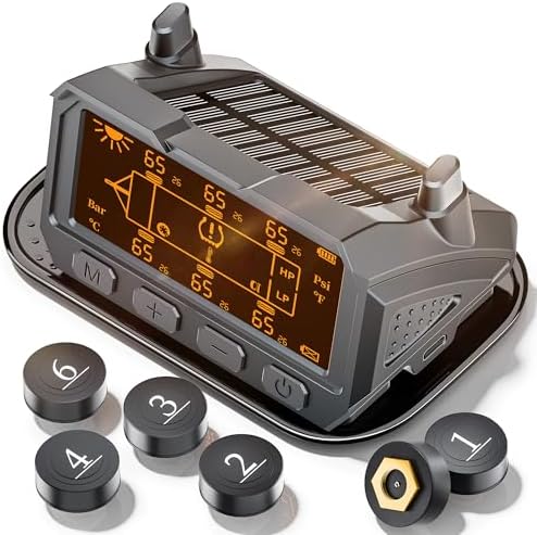 RV Tire Pressure Monitoring System - TPMS with Solar and USB Tyce-c Charger, 6 Tire Sensors and 6 Alarm Modes, Auto on/Off & Adaptive Backlighting, for RV, Sedan, SUV, MPV, etc (0-116PSI)