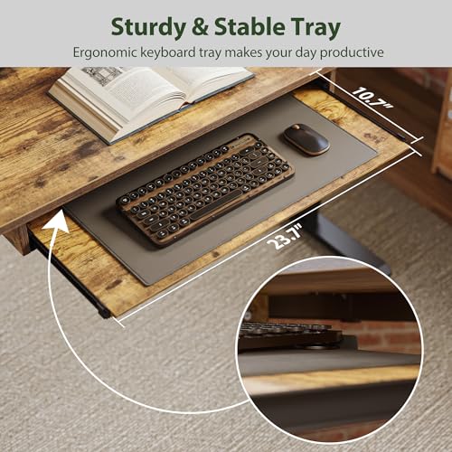 Image of Agilestic Height Adjustable Desk with Keyboard Tray, 63 x 24 Inches Electric Standing Desk, Stand up Computer Table with Memory Preset, Modern Lift Motorized Gaming Workstation, Rustic Brown