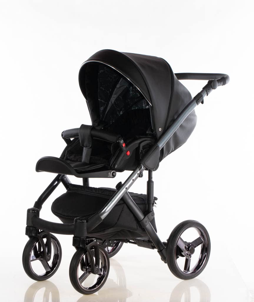Passeggino MAGNUM BBtwin 3in1 passeggino completo 3 pezzi ecopelle trio: navicella, passeggino, seggiolino auto. Dettagli in oro e argento. Nero argento
