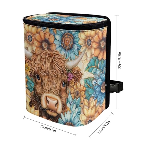 Image of Talayituse Boho Mandala Highland Cattle Print Car Trash Can with Adjustable Straps, Zip Closure Car Trash Bag Bin Auto Garbage Bag Multipurpose Storage Box for Vehicle Travel Camping Picnicing