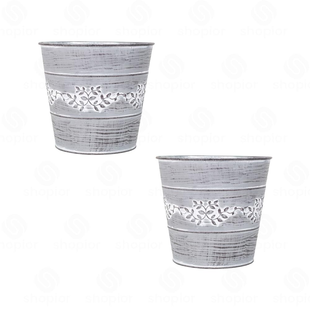 shopior Embossed Leafy Vine Design Tin Trough, Pail, Bowl, WateringCan and Teacup – Zinc Oval Galvanised Metal Planter | Rustic Grey Decorative Indoor Outdoor Plant Pot (Tin Pail-18cm-Grey-Pack 2)