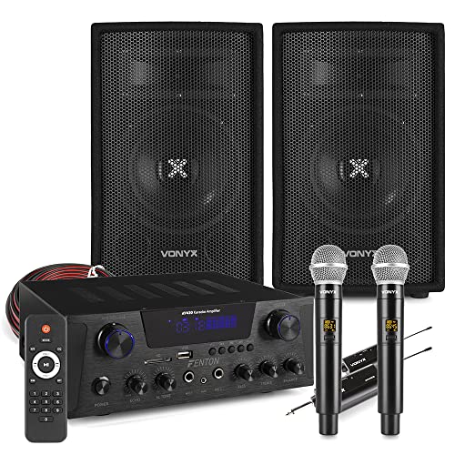 Fenton AV430B Home Karaoke System with Dual Wireless Microphones, Vonyx SL6 6 Passive DJ Speakers, Bluetooth Amplifier, Complete Party Audio Bundle, Adults Karaoke Machine Kit