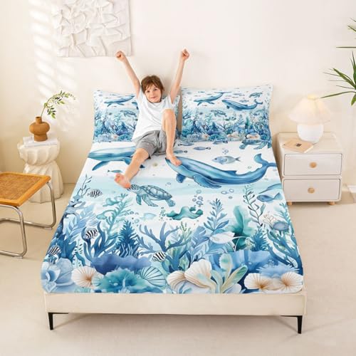 Image of jejeloiu Sea Animal Bed Sheets Set King Size Whale Turtle Fish Bed Set for Kids Boys Girls The Sea Marine Animal Deep Pocket Fitted Sheet Summer Breathable Soft Lightweight Microfiber