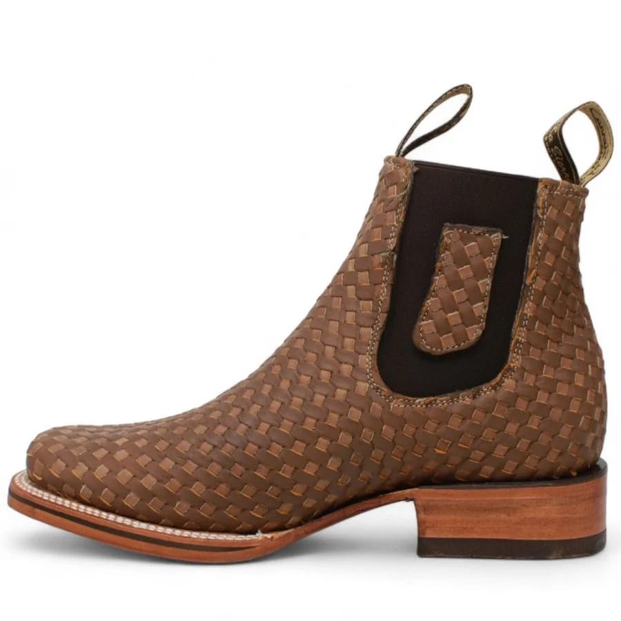 Men's Genuine Petatillo Leather Short Ankle Square Toe Cowboy Western Boots - Bicolor (Tan & Brown)4