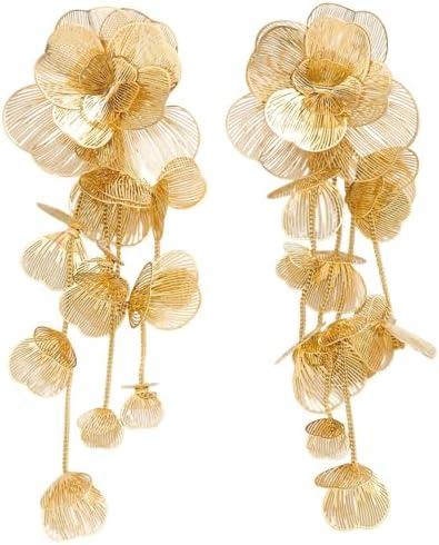 Gold Silver Filigree Floral Dangle Earrings for Women, Long Drop ...