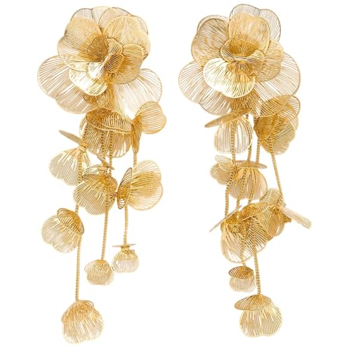 Gold Filigree Floral Dangle Earrings for Women, Gold Long Drop