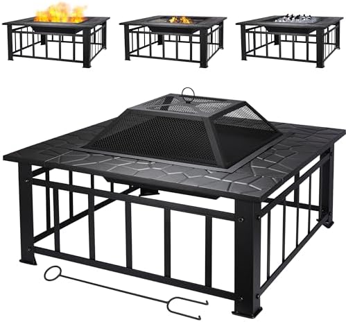 Zorestar 3 in 1 Metal Square Firepit (31.8"Dx31.8"Wx12.5"H-In) - Heavy-Duty & Portable BBQ Stove with Screen Cover & Poker - Wood Burning and Drink Cooling Fire Pit for Patio, Bonfire, Backyard, Deck