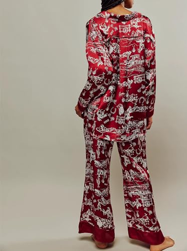 Image of Women Satin Pajama Set Floral Silk Pajamas 2 Piece Lounge Sets Button Down Shirts Wide Leg Pants Pjs Sleepwear