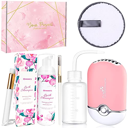 120Ml/4.04Fl.oz Eyelash Extension Cleanser, Lash Shampoo For Eyelash Extension Eyelash Brush With Cap Usb Lash Fan Mascara Brush Wash Bottle Reusable Makeup Remover Pad, Paraben & Sulfate Free (Rose) #TOP26