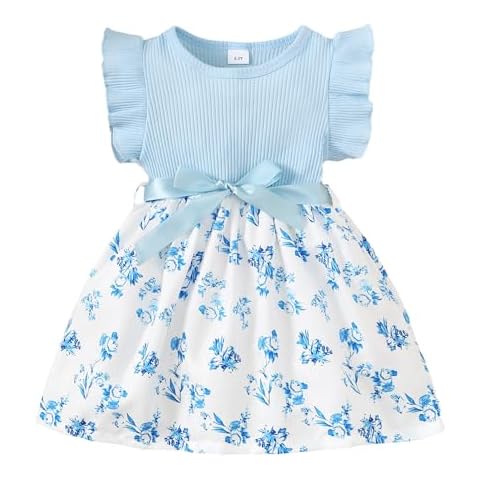 Toddler Girl Floral Dress Ribbed Ruffle Sleeve Flower Print Casual Sundress Kids Summer Dresses(Blue,3-4T) Cover