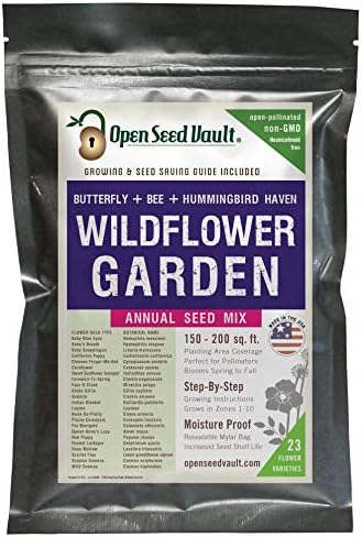 Variety Pack (23) of 64,000 Non GMO Wildflower Seeds for Bees, Hummingbird, Butterflies and Pollinators - with Growing Guide for Gardeners from Germination to Flowers - Bulk Seeds - by Open Seed Vault