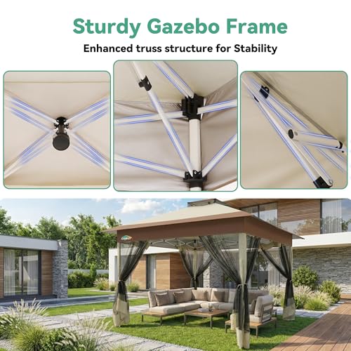 Image of COBIZI 13x13 FT Pop up Gazebo on Clearance - Outdoor pop up Canopy Tent,carpas para Patio, Shelter - Screen Tents with Portable Carry Bag, Patio Gazebos for Camping,Garden,Deck,Backyard,Khaki
