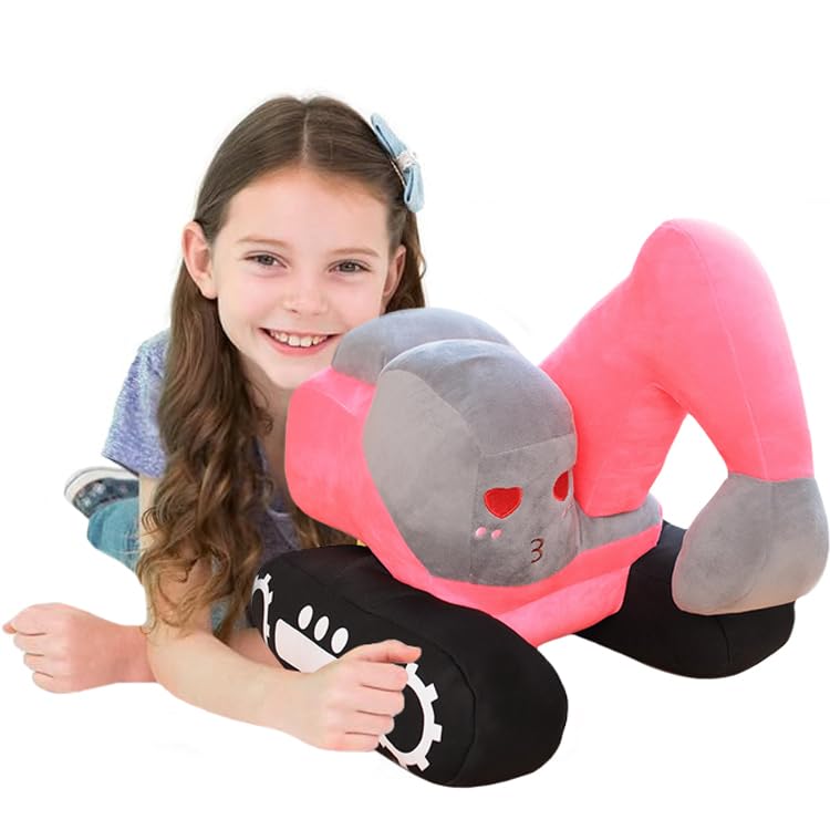 Image of ELAINREN Simulation Pink Excavator Plush Toy Cool Digger Stuffed Gifts for Girls Cartoon Construction Truck Plushie Car Gifts /26x23cm