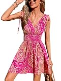 CUPSHE Damen Sommerkleid Blumenmuster V Ausschnitt Ärmellos Freizeitkleider Gesmokte Taille Strandkleid Mini Kleid