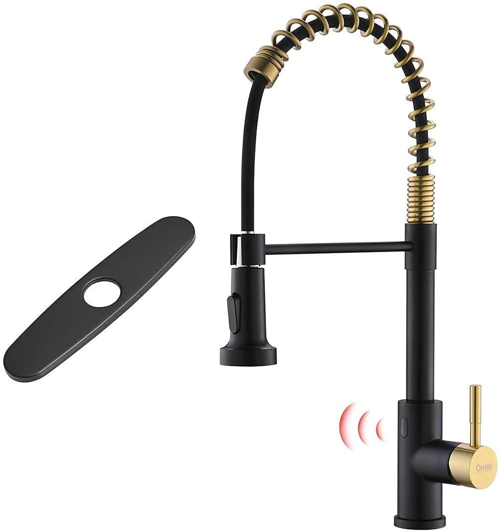 GIMILI Touchless Spring Kitchen Faucet with Deck Plate,Matte Black&Gold