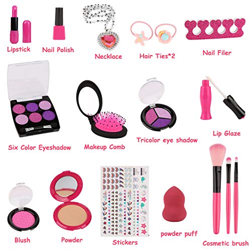 Rusee Kids Pretend Makeup Kit, Girls Fake Make Up Kits with Cosmetic Bag for Ages 4-10 Year Old, Makeup Set Toy Including Brushes, Eye Shadows, Lipstick, Nail Polish, Necklace, Comb and More