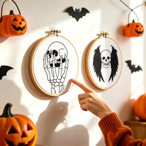 Image of Skull Halloween Embroidery Kits for Beginners Adults, Gothic Embroidery Sets Needlepoint Kits, Halloween Stamped Cross Stitch Kits for Beginners Adults, 2 Embroidery Hoops (Attached Video Tutorial)