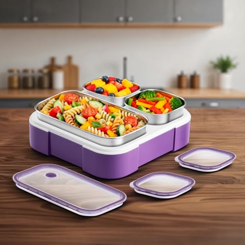 Image of VAYA Tydbyt Stainless Steel Lunch Box for Kids Girls & Boys, 650 ml, 3 Stainless Steel Containers, School Tiffin Box, BPA-Free, Durable & Easy to Carry, Purple