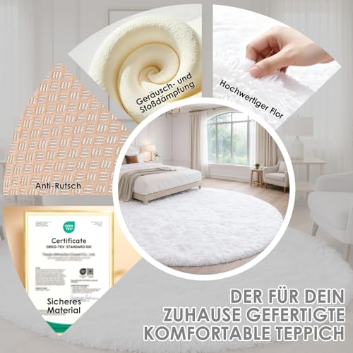 ROHATIM Teppich Rund 100 cm Weiß Waschbar Rutschfester Runder Hochflorteppich Wohnzimmer Kinderzimmer Schlafzimmer Flauschig