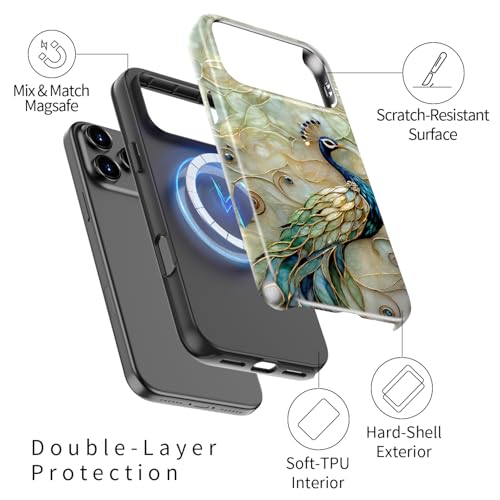 Image of Goodon for iPhone 17 Pro Max Case Cute - Wireless Charging Compatible - Dual-Layer Hard Shell + Silicone Cover - Protective Phone Case with Trendy Designs for Women - Peacock and Flower