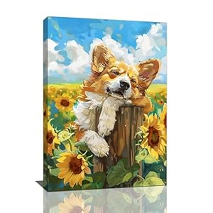 Dog Wall Art Country Sunflower Funny Corgi Pictures Wall Decor Farmhouse Canvas Painting Print Home Modern Artwork Decorations Framed for Bathroom Living Room Bedroom Office 16 x 24 inch