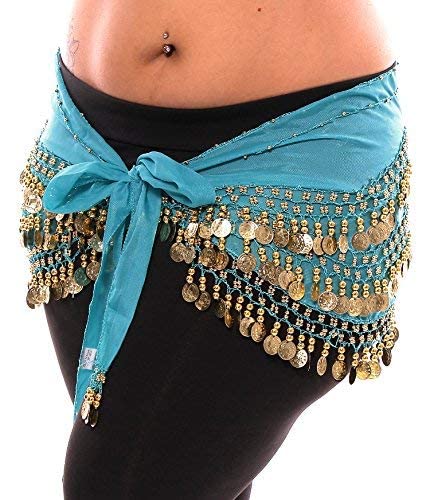 Image of VRITRAZ Women's Chiffon Belly Dance Hip Scarf Waistband Belt Skirt Mixed Colors Beads and Golded Coins 56 Black
