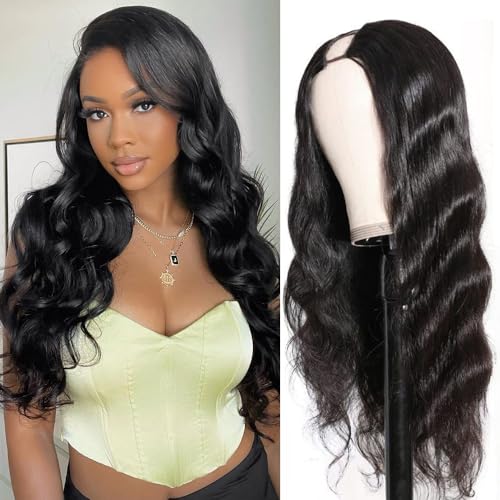 250% Density U Part Human Hair Wig Body Wave for Black Women U Part Wig Brazilian Virgin Human Hair Wig 10A Full Head Clip in Half Wig Glueless No Leave Out Lace Front Wig Natural Color 24inch