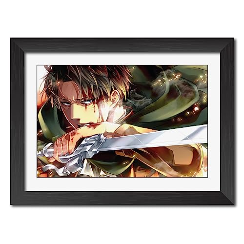 Image of TenorArts Levi Ackerman Poster Attack on Titan Anime Laminated Posters Photo Frame Painting with Matt Finish Black Textures (12inches x 9inches)