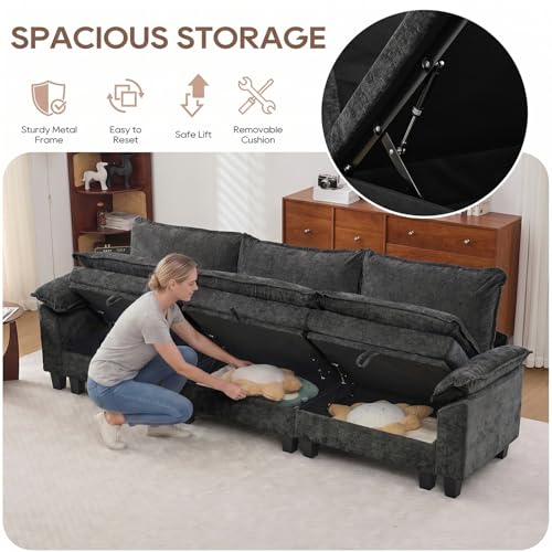 Image of IPKIG 117 inch Modular Cloud Couch with Storage, L Shaped Sectional Sofa with Ottoman & Pillow, Chenille Deep Seat Sectional Couches for Living Room, Apartment, Black