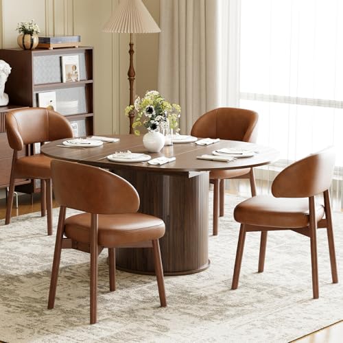 Image of MALOL 47 inch-63 inch Extendable Round to Oval Dining Room Table Chairs Set for 4-8, Modern Wooden Kitchen Table and Chairs with Hidden Storage and Fluted Design for Dining Room /Small Space(Walnut and Brown)