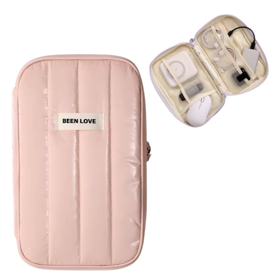 Organizador de Cabos Dupla Camada, Necessaire Puffer, Bolsa Impermeável para Acessórios Eletrônicos e Viagem