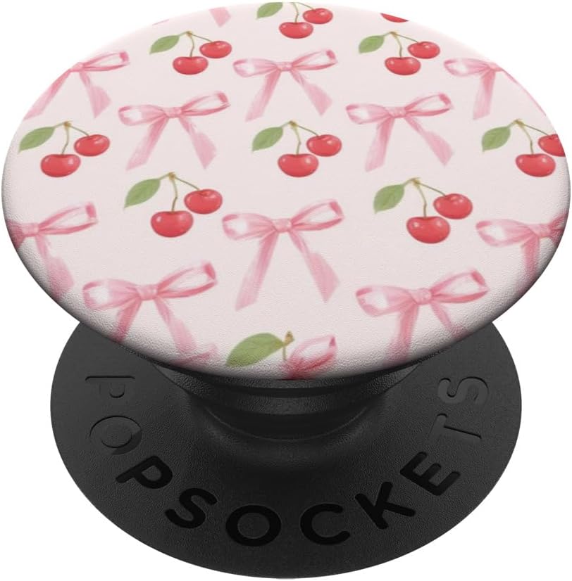 Cherry Pink Bow Coquette Pattern Cute Aesthetic Girly PopSockets Adhesive PopGrip