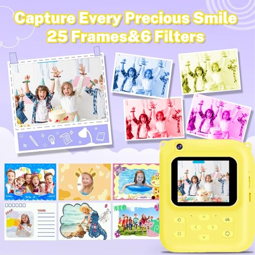 Image of Instant Print Camera for Kids, 1080P Video Camera with 3 Print Rolls | 32GB Card & Cute Cover, Gift for Girls Boys Age 3-12, Toddler Digital Camera with Games, Filters, Music - Yellow
