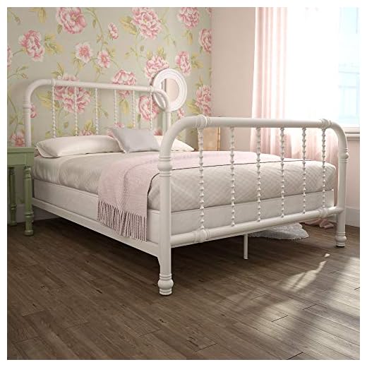 DHP Jenny Lind Kids Metal Bed Frame with Country Chic Headboard and Footboard, Underbed Storage Space for Toys, Twin, White