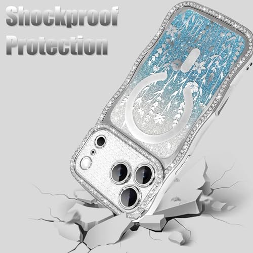 Coque iPhone 17 Pro antichoc transparente paillettes et fleurs MagSafe